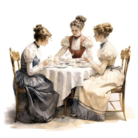 Premium Photo | Watercolor vintage Victorian tea party clipart white background Tea Party Victorian, Victorian Party Aesthetic, Tea Party Pose, Tea Party Watercolor, Tea Party Art, Tea Party Clipart, Victorian Party, Victorian Tea Party, Tea Vintage