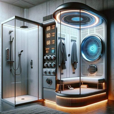 Sci Fi Bathroom, Spaceship Bathroom, High Tech Bathroom, Cyberpunk Bathroom, Futuristic Rooms, Scifi Room, Makerspace Design, Futuristic Bathroom, Scifi Interior