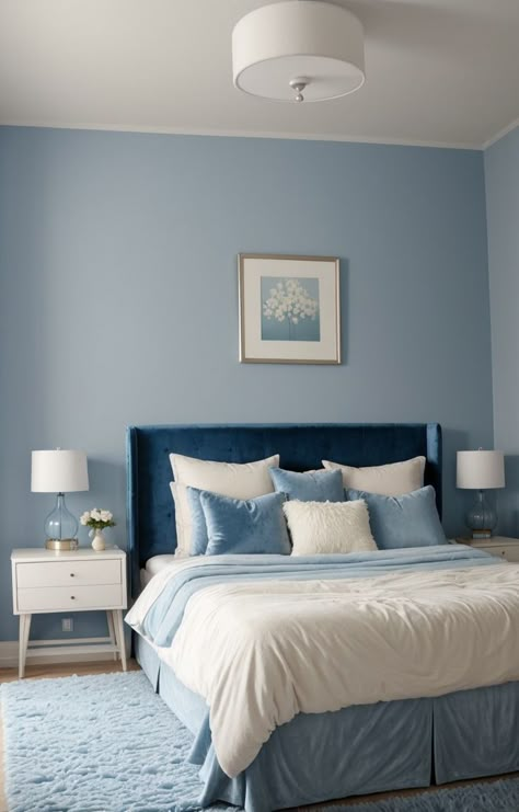 Cute Blue Aesthetic, Bedroom Wall Colour Combination, Room Color Ideas Bedroom, Baby Blue Bedrooms, Sleek Bedroom, Blue And Cream Bedroom, Light Blue Bedroom, Blue Bedroom Ideas, Blue Bedroom Walls