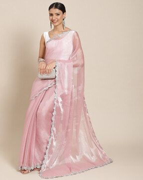 Check out Saree with Lace Border on AJIO! Jimmy Choo Saree, Saree Farewell, Saree With Lace Border, Plain Chiffon Saree, Pink Sarees, Optical Illusion Dress, Farewell Saree, Chiffon Sarees, Crepe Saree