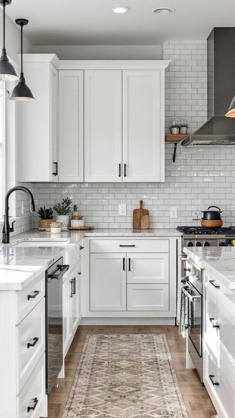 Get inspired with modern farmhouse kitchen designs 🏡✨ blending rustic charm and sleek finishes. Explore cabinetry, open shelving, and wood accents for a cozy, chic kitchen White And Black Modern Farmhouse Kitchen, Modern Farmhouse Kitchenette, White Rustic Kitchen Ideas, Modern Farmhouse Kitchens Small Space, White Cabinet Farmhouse Kitchen, Small White Farmhouse Kitchen, Modern Farmhouse Small Kitchen Ideas, Modern Farmhouse Kitchen White Cabinets Black Hardware, Modern Farmhouse Countertops