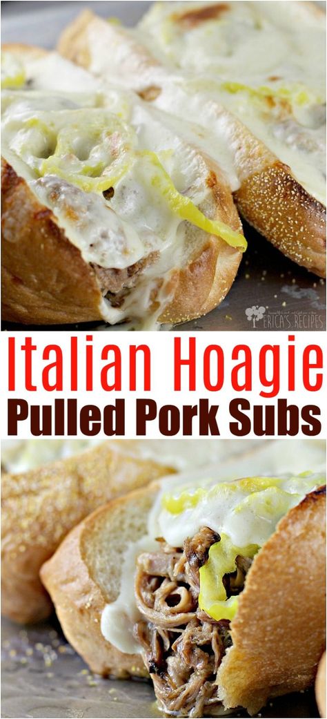 Italian Hoagie Pulled Pork Subs #recipe #pork #food #slowcooker #crockpot Italian Pulled Pork, Appetizer Toasts, Savory Sandwiches, Hoagie Sandwiches, Pork Sandwich Recipes, Italian Hoagie, Pork Food, Appetizer Easy, Sub Sandwich