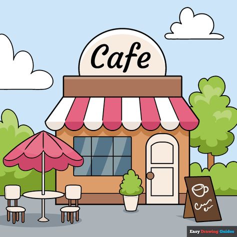 Complete Cafe drawing Cafe Shop Drawing, Cute Cafe Shop, Aesthetic Cafe Shop, Simple Cafe Design, Cafe Dramatic Play, Coffee Shop Drawing, Drawing Cafe, Cafe Drawing, List Of Drawing Ideas