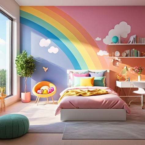 Interior Design Inspiration (@littlehomeidea) • Instagram photos and videos Kids Room Design Colorful, Kawaii Interior Design, Rainbow Bedroom Ideas, Cute Kids Bedroom, Kids Bedroom Decor Ideas, Rainbow Kids Room, Kids Room Rainbow, Girls Rainbow Bedroom, Functional Home Office