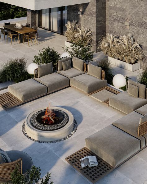 CONCEPT INTERIOR IN MODERN STYLE Modern Organic Patio, Luxury Outdoor Living Space, Restoration Hardware Outdoor, Fireplace Modern Design, Small Deck Decorating Ideas, Rooftop Dining, Outdoor Lounge Set, Set Decor, Modern Outdoor Furniture