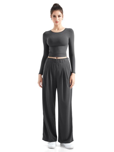 Flowy Palazzo Wide Leg Pants-Clothing-SUUKSESS-Dark Gray-XS-SUUKSESS Office Corporate, Tank Top Bodysuit, Out Outfits, Formal Office, Corporate Outfits, Short Sleeve Jumpsuits, Ribbed Bodysuit, Jumpsuit With Sleeves, High Rise Pants