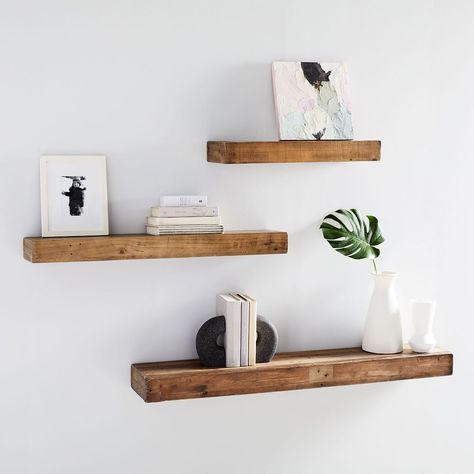 Reclaimed Solid Pine Floating Shelf | West Elm Diy Shelves Design, Diy Shelves Ideas, Float Shelf, Reclaimed Wood Floating Shelves, Floating Shelf Decor, Shelves Decor, Shelf Decor Living Room, Shelves Design, Farmhouse Shelves