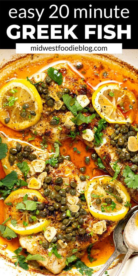 This healthy Mediterranean baked fish dinner takes just 20 minutes from start to finish and is made with only 8 ingredients! It almost sounds too good to be true, doesn’t it?! Well, it’s not. It’s just another quick and easy dinner that your family is going to LOVE! Baked Fish Dinner, Greek Fish Recipe, Mediterranean Baked Cod, Mediterranean Baked Fish, Greek Fish, Mediterranean Fish, Mediterranean Fish Recipe, Greek Dinners, Easy Fish Recipes