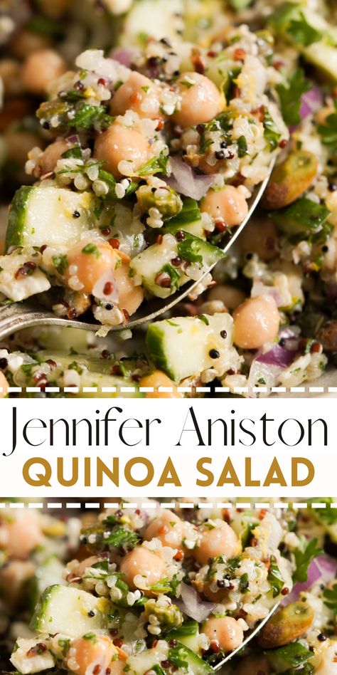 Jennifer Aniston’s Quinoa Salad took the internet by storm for good reason! Made with quinoa, garbanzo beans, feta cheese, pistachios, fresh herbs, and a simple lemon vinaigrette … this flavorful and crunchy salad is one of the best I’ve ever had. Packed with plant-based protein, fiber, and healthy fats … this lettuce-less salad is just as nutritious as it is delicious. Perfect for a healthy dinner, lunch, or meal prep! Best Quinoa Salad Recipes, Low Fat Salads, Garbanzo Beans Salad, Summer Pasta Dishes, Gourmet Salad, Crunchy Salad, Quinoa Healthy, Quinoa Salad Recipes, Lemon Vinaigrette