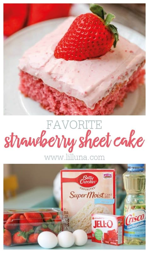 Perfect for feeding a crowd, this Strawberry Sheet Cake made with fresh pureed strawberries is especially tasty! #strawberrysheetcake #strawberrycake #sheetcake #cake #strawberry Strawberry Sheet Cake Recipe, Best Ever Strawberry Cake, Homemade Strawberry Frosting, Dessert Recipes Strawberry, Strawberry Cake Mix Recipes, Cake Recipe Strawberry, Strawberry Sheet Cake, Cakes Strawberry, Strawberry Sheet Cakes