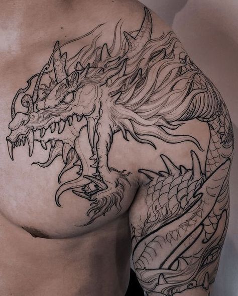 Big Leg Tattoos Men, Dragon Tattoo Shoulder, Dragon Tattoo Chest, Dragon Tattoo Arm, Tato Flash, Foo Dog Tattoo, Dragon Tattoos For Men, Dragon Sleeve, Tattoo Chest