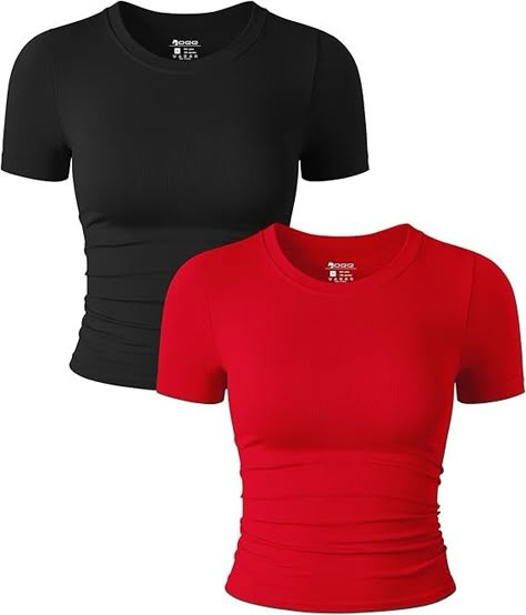 OQQ Womens 2 Piece Shirts Short Sleeve Crew Neck Ruched Stretch Fitted Tee Shirts Crop Tops Black Red at Amazon Women’s Clothing store Sleeve Less Tops Tanks, Amazon Wishlist Clothes, Fitted Tee Outfit, Simple Tops For Women, Cute Shirts Aesthetic, Cute Short Sleeve Tops, Casual Shirts Women, Amazon Shirts, Crop Tops Black