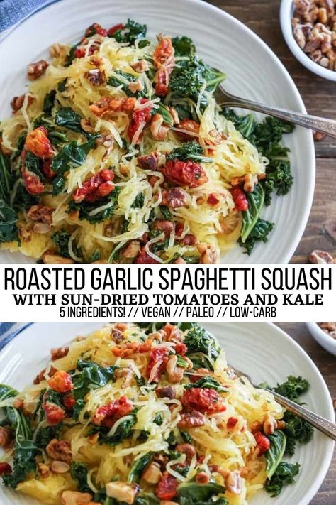 Roasted Garlic and Kale Spaghetti Squash with Sun-Dried Tomatoes - The Roasted Root Whole30 Pasta Recipes, Fresh Jalapeno Recipes Healthy, Whole 30 Italian Recipes, Healthy Gallbladder Recipes, Spaghetti Squash Vegan Recipes, No Carb Vegetarian Recipes, Healthy Dinner Recipes For Diabetics, No Carb Recipes For Dinner, Speggetti Squash Recipes Spaghetti