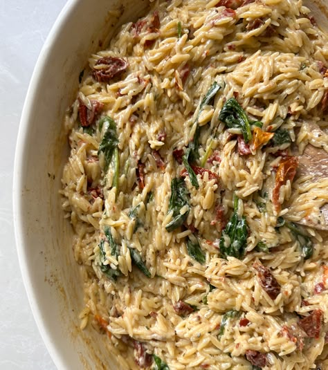 Boursin Spinach & Sun-dried Tomato Orzo Bake Spinach And Sun Dried Tomato Boursin Orzo Bake, Boursin And Sun Dried Tomato Orzo Bake, Spinach Sun Dried Tomato Orzo, Sun Dried Tomato And Spinach Orzo, Orzo Sun Dried Tomato Boursin, Orzo And Cheese, Boursin Spinach Sundried Tomato Orzo, Spinach And Sun Dried Tomato Orzo, Orzo And Sun Dried Tomatoes