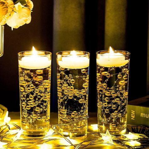 Candle Water Centerpiece, Pearl Garland Wedding, Floating Vase, Water Centerpieces, Floating Candle Vase, Wedding Table Garland, 50th Wedding Anniversary Decorations, Prohibition Party, Were Getting Married