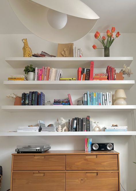 Colorful Shelves, Lack Shelves, Shelves Books, Colorful Shelf, Ikea Dining Room, Brown Dresser, Open Floor Concept, White Bookshelves, Bookshelves Diy