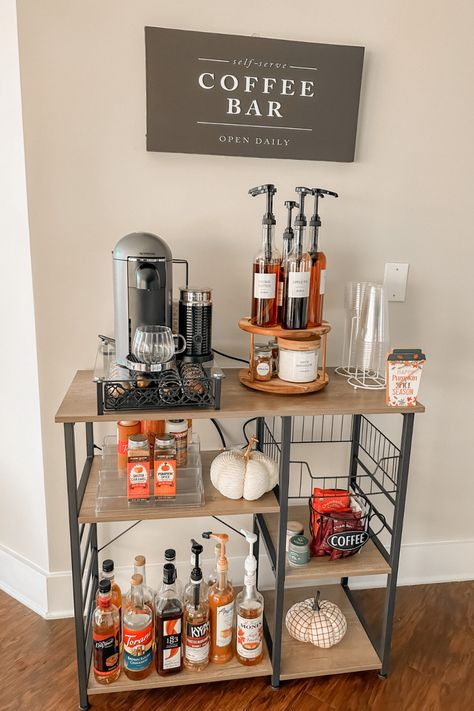 Home Coffee Cart, Coffee Bar Cart Ideas, Apartment Coffee Bar, Starbucks Drink Orders, Bar Small Space, Coffee Cart Ideas, Fall Coffee Bar Decor, Coffee Bar Setup, Fall Coffee Bar