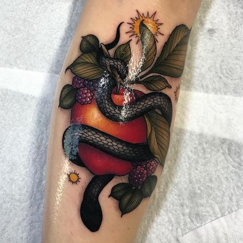 Hattie Cox on Instagram: “forbidden fruit 🍎 thanks Tia! keep those snakeys comin’ 🐍 . . . . #tattoo #snake #snaketattoo #apple #appletattoo #fruit #fruittattoo…” Eve Tattoo, Apple Tattoo, Fruit Tattoo, Tattoo Snake, Botanical Leaves, Botanical Tattoo, Forbidden Fruit, Sleeve Tattoos For Women, Snake Tattoo