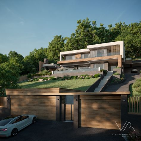 Villa in Gagra on Behance Garage Under House Slope, Hill Villa Design, House On A Hill With Pool, Villas On Slope, Sloping Lot House Plans Modern, Modern House On A Slope, Modern House Hillside, Villa On Slope, House On Slope Architecture