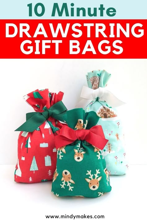 Easy Fabric Drawstring Gift Bag with a Gusset (Free Pattern) - MindyMakes Drawstring Christmas Gift Bags, Fabric Gift Bags Diy Simple, Christmas Sacks Diy Free Pattern, Xmas Fabric Gift Bags, Diy Fabric Gift Bags How To Make, How To Make Small Fabric Gift Bags, Easy Fabric Gift Bags, Diy Cloth Christmas Gift Bags, Christmas Drawstring Bag Diy