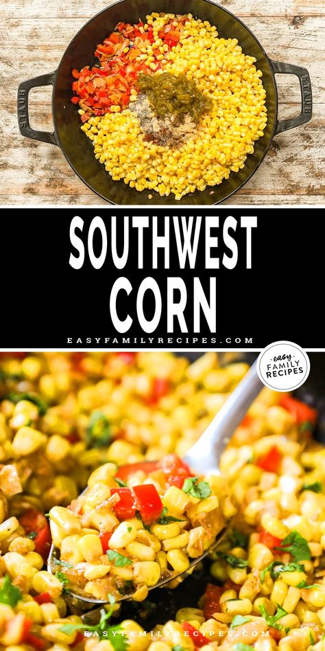 This Southwest Corn recipe is super simple for a side dish that’s easy to make and family friendly too! Made with canned, fresh, or frozen corn along with red bell pepper, onion, diced green chiles and seasoning for a full-of-flavor side dish that’s perfect with Tex-Mex, Southwest, or Mexican entrees. We love this Southwest-style corn recipe and make it all the time. Corn And Peppers Side Dishes, Mexican Corn Recipes Side Dishes, Side Dish For Fajitas, Southwest Vegetables, Southwest Sides, Fresh Corn Recipes Side Dishes, Southwest Corn Recipe, Fiesta Corn Recipe, Spanish Corn