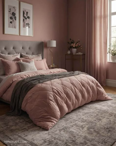 Here's a guide to incorporating dusty pink into your bedroom decor with 35 modern bedroom decor ideas to surprise you! #pinkbedroom #interior Ideas for: light pink bedrooms, grey and pink bedroom ideas, blue and pink bedroom, green and pink bedroom, pink bedroom aesthetic, white and pink bedroom, pink bedroom ideas, black and pink bedroom, girly pink bedroom, pink bedroom decor, sage green and pink bedroom, blush pink bedroom, dusty pink bedroom. Dusty Pink Bedding Bedroom, Pink And Tan Bedroom Ideas, Mauve And Tan Bedroom, Dusky Pink Bedroom Ideas, Dusty Pink And Grey Bedroom, Pink Bedrooms Grown Up, Pink Bedroom For Adults, Black White And Pink Aesthetic, Bedroom Ideas Black And Pink