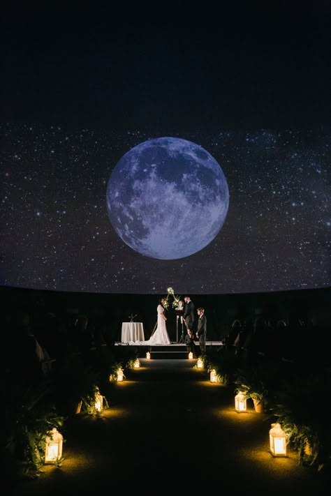 Moon Light Wedding, Planetarium Wedding Ceremony, In The Stars Wedding Theme, Under The Stars Theme Wedding, Midnight Decorations, Astral Wedding, Space Wedding Theme, Moon Themed Wedding, Candlelight Wedding Ceremony