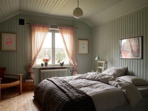 A Charming School Conversion in Sweden 19 Shiplap Bedroom Ideas, Swedish Bedroom, Old School Building, Shiplap Bedroom, Vintage Chesterfield Sofa, Natural Stone Tile Floor, Cozy Sitting Area, Installing Shiplap, Beige Cabinets