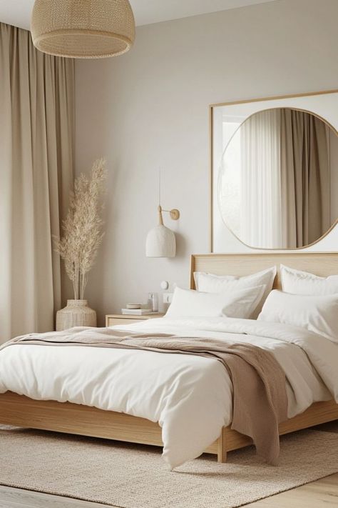 Create a serene bedroom with Scandinavian-inspired decor that emphasizes light, warmth, and simplicity. #ScandiBedroom #MinimalistStyle #SereneSpaces Master Bedrooms Scandi, Japandi Scandinavian Bedroom, Minimal Organic Bedroom, My Scandinavian Bedroom, Minimal Bedroom Design Ideas, Minimalist Master Room, Swedish Bedroom Scandinavian Style, Kids Neutral Bedroom, Scandinavian Bedroom Inspiration