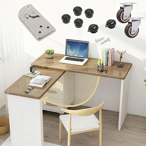 HOWHY 90° Rotating Table Hinges, Hardware for DIY Assembly of L-Shaped Desk and Cabinets，Table Extension, Multifunctional Folding Table Connect Hinges (Opens Left) - Amazon.com Folding Desk Design, Folding Office Table, Folding Office Desk, Swivel Table, Rotating Desk, Table Space Saving, Computer Tables, Small Space Furniture, Furniture Remodeling