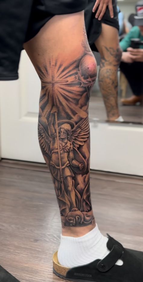 Angels Leg Tattoo, Knight Leg Tattoo, Arm Sleeve Men Tattoo, Jamarr Chase Tattoos, Cool Calf Tattoos For Men, Love God Tattoo, Spiral Leg Tattoo, God Willing Tattoo, Patchwork Leg Sleeve Men