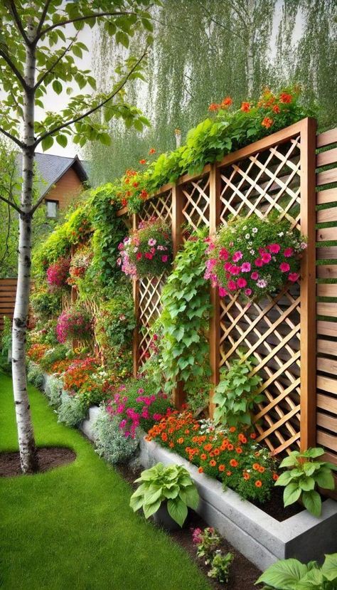 Old Doors and Windows: Create a unique privacy screen using old doors or windows. Lattice Panels: Install lattice panels and let climbing plants grow over them. Vertical Gardens  Green Walls: Create a vertical garden using inexpensive materials like pallets or hanging pots. Trellis with Vines: Install a trellis and grow vines to cover it. Hashtags for Garden Privacy Ideas  #GardenPrivacy #DIYGarden #BudgetGarden #OutdoorLiving #GardenDesign #UrbanGarden #GreenThumb #GardenInspiration #PrivacyScr Sloped Backyard Fence, Fence Around House Ideas, Lattice On House Exterior, Garden Fence Decoration Ideas, Fence Garden Ideas, Garden Fencing Ideas, Garden Wall Ideas, Lattice Garden, Flower Fence