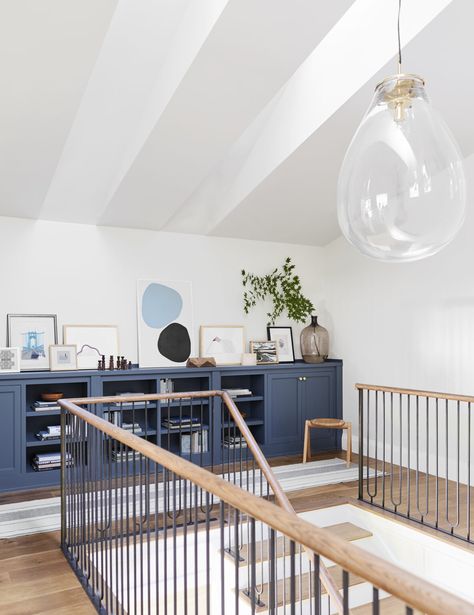 Build Dream Home, Landing Ideas, Top Of Stairs, Upstairs Landing, Velux Skylights, Bookcase Door, Upstairs Hallway, Emily Henderson, Hallway Storage