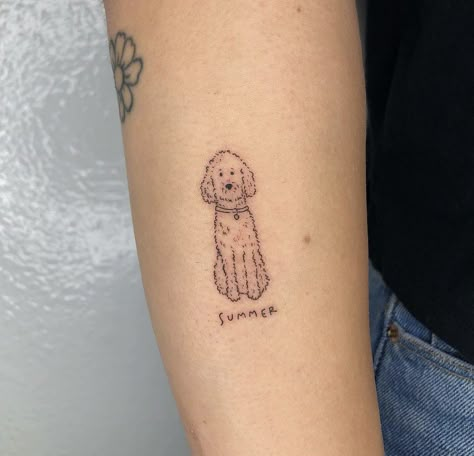 Pet Tattoo Minimalist, Dog Playing Tattoo, Curly Dog Tattoo, Funky Stick And Poke, Doodle Dog Tattoo Ideas, Dog Illustration Tattoo, Aesthetic Dog Tattoo Ideas, Mini Poodle Tattoo, Simple Dog Tattoo Ideas