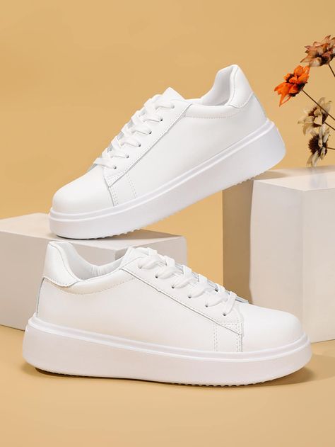 Women White Minimalist Casual Shoes, Round Toe Lace-up Front Skate ShoesI discovered amazing products on SHEIN.com, come check them out! Plain White Shoes, Snicker Shoes, Elegant Sneakers, Casual Shoes Women Sneakers, Shoes For School, White Nike Shoes, White Casual Shoes, Women Casual Shoes, Shoes Teen