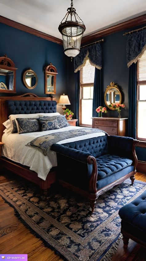 Moody Rug Bedroom, 1800s Bedroom Ideas, Classic House Design Interior Bedroom, Primary Bedroom Bay Window, Dark Blue Victorian Bedroom, Dark Blue Romantic Bedroom, Calm Master Room, Bedroom Ideas Victorian House, Dark Blue And Wood Bedroom