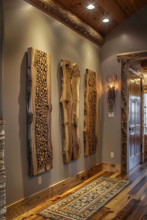 13 Rustic Log Cabin Wall Decor Ideas For A Homely Feel - DreamyHomeStyle Cabin Wall Decor Ideas, Diy Interior Design, Rustic Log Furniture, Cabin Wall Decor, Log Cabin Interior, Log Wall, Rustic Log Cabin, Log Cabin Decor, Craft Storage Furniture