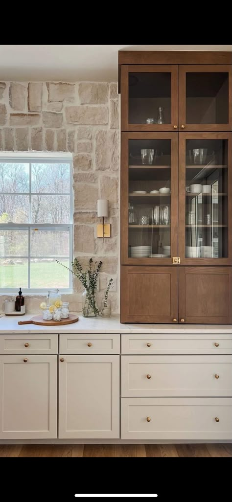 Sazan Hendrix Kitchen, Cabinet Towers In Kitchen, Walnut And Painted Cabinets, Neutral Cottage Kitchen, Tower Cabinets In Kitchen, Kitchen Cabinet Placement, Countertop Cabinets Kitchen, Built In Hutch Kitchen, White And Walnut Kitchen