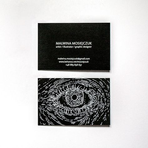 My current business card. I like the symbol of eye and it's common element of my works (and few of my tattoos). Besides sight is the most important sense for a visual artist.85x55 mm / 700 g/m² black cardboard / UV print😍 Visual Artist Business Cards, Creative Visit Card Design, Business Card Design Artist, Artist Card Design, Artist Business Card Design Creative, Edgy Business Cards, Artists Business Cards, Gothic Business Cards, Goth Business Card