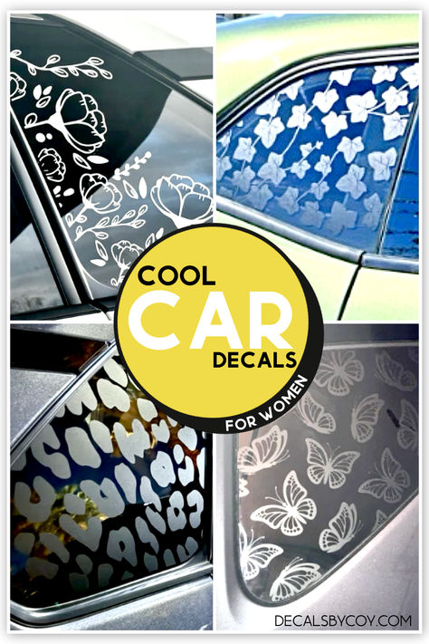 “Express Your Style”: Transform your ride with our chic car decals that are perfect for women's cars. From floral patterns to empowering quotes, let your car reflect your unique personality. All Decals by Coy vinyls are crafted from Oracal 651, a premium outdoor-rated vinyl. When properly installed and under standard use, anticipate your overlays to maintain quality for 3-5 years. #cardecals #cardecalsforwomen #caraesthetic Car Sunroof Stickers, Car Window Decals Cricut, Car Svg Window Decals, Car Side Sticker Design, Back Window Car Decal Ideas, Car Decals Unique, Cricut Car Decals, Cool Car Decals, Car Decals For Women