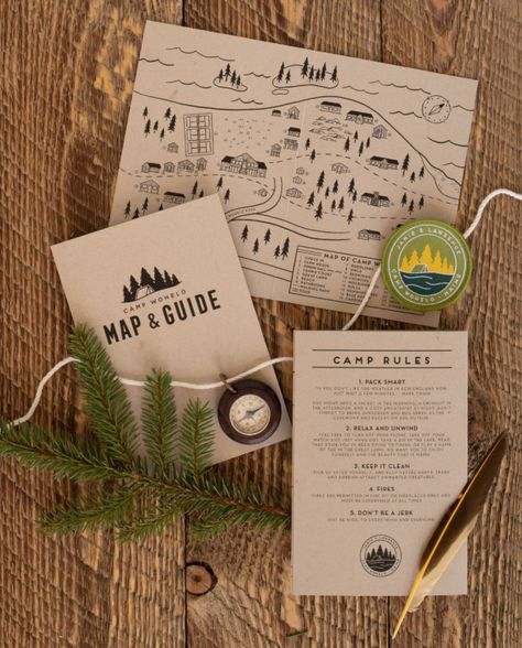 Hiking Wedding, Campground Wedding, Camping Wedding, Summer Camp Wedding, Camp Wedding, Wedding Map, Maine Wedding, Vintage Camping, Camping Theme