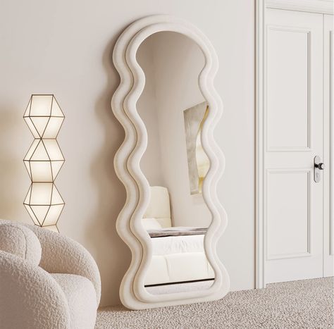 Focus on wavy mirror with dimensional wavy frame in cream color within a white and beige decorated room Arched Floor Mirror, Wavy Mirror, Wooden Mirror Frame, Elegant Mirrors, Preppy Room Decor, Preppy Room, Cute Bedroom Decor, Length Mirror, Bedroom Dorm