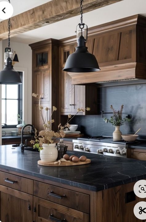 Moody Countertops, Moody Home Inspiration, Mountain Farmhouse Kitchen, Moody Organic Modern Kitchen, Cozy Rustic Kitchen, Dark Counter Kitchen, Small Moody Kitchen, Moody Farmhouse Kitchen, Moody Kitchen Ideas