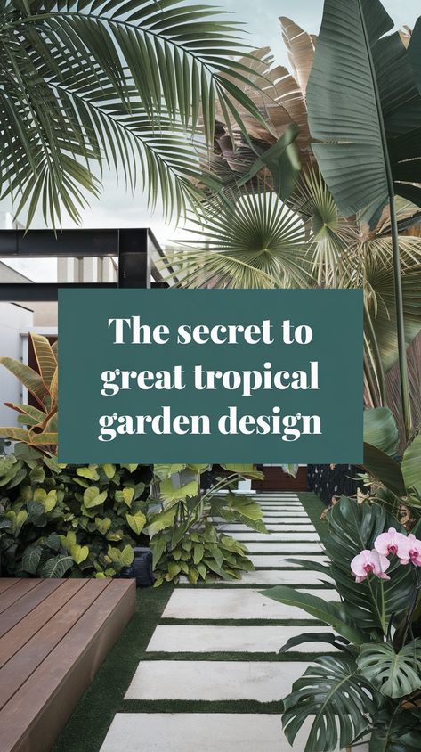 Create Your Own Lush Tropical Oasis at Home 🌺🌿 Layered Tropical Garden, Tropical Garden Edging, Traveler Palm Landscaping, Low Maintenance Tropical Plants, Tropical Garden Design Full Sun, Contemporary Tropical Garden, Modern Tropical Backyard Landscaping, Tropical Border Plants, Tropical Garden Landscaping