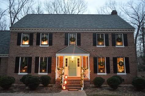 Young House Love | Outdoor Holiday Decorating (and The Easy Way To Hang Window Wreaths) | https://www.younghouselove.com Window Candle Lights, Home Alone House, Christmas Window Candles, Christmas Wreaths For Windows, Simple Holiday Decor, Window Wreath, Window Candles, Holiday Mantel, Young House