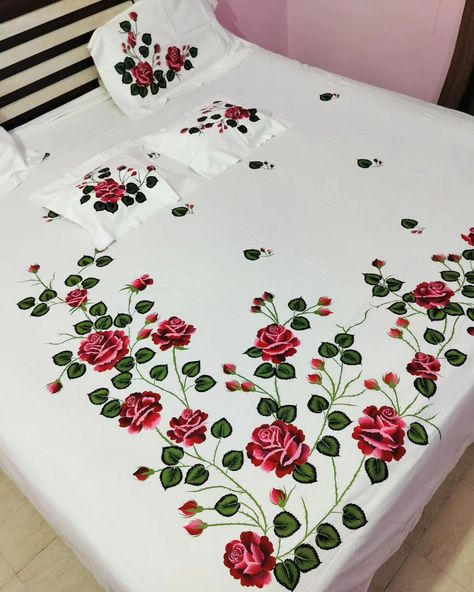 Hand painted bed sheet Set with two pillow cover and two cushion cover king size white colour cotton fabric To place the order contact 7710863253 Cash on delivery not available Delivery only in india Cushion Painting Ideas, Bedsheets Painting Designs, Painting Bedsheets Design, Bedsheet Painting Designs, Bedsheet Painting, Block Printing Designs, Bed Sheet Painting Design, Sheet Painting, Homemade Hair Treatments