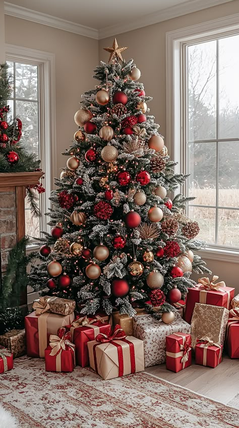 Embrace the magic of Christmas with this beautifully decorated tree! 🎄✨ Featuring rich red and gold ornaments, glittering stars, and a cozy, snow-dusted scene. Perfect for creating that warm holiday ambiance. Let the festive spirit fill your home! 🎁🎅 #Christmas #decor #holiday #tree #red #gold #cozy #gifts #festive #home #decorations #magic Invisible Christmas Tree, Outdoor Christmas Decorations Ideas, Tree Village Display, Barbie Christmas Tree, Christmas Tree Game, Christmas Tree Village Display, Panda Christmas, Luxury Farmhouse, The Perfect Christmas Tree