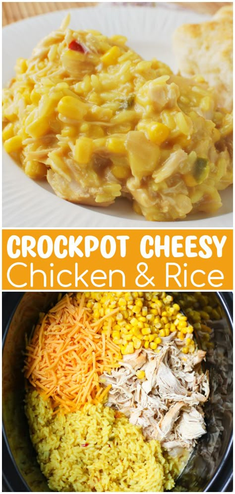 Slow Cooker Cheesy Chicken and Rice is total comfort food! Chicken, rice, and corn in a creamy cheesy sauce, cooked in the crockpot. Crockpot Cheesy Chicken And Rice, Crockpot Cheesy Chicken, Chicken And Rice Crockpot, Cheesy Chicken And Rice, Rice And Corn, Comfort Food Chicken, Easy Crockpot Dinners, Crockpot Ideas, Crockpot Dinners