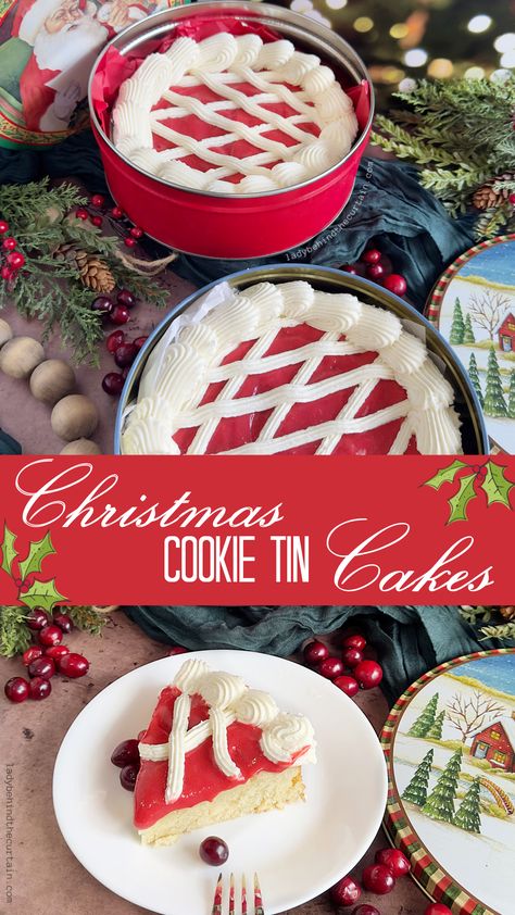 Christmas Cookie Tin Cakes Christmas Cake In Tin Can, Cookie Tin Cake, Christmas Tins Treats, Tin Cakes, Butter Cookies Tin, Christmas Cookie Tin, Tin Cake, White Chocolate Frosting, White Chocolate Cake