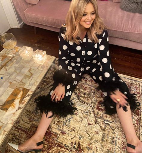 Emily Atack models the River Island feather loungewear PJs that Instagram is obsessed with | HELLO! Feather Pyjamas, Polka Dot Suit, Podcast Aesthetic, Bday Brunch, Georgia Harrison, Emily Atack, Nadine Merabi, Rachel Stevens, Leonie Hanne